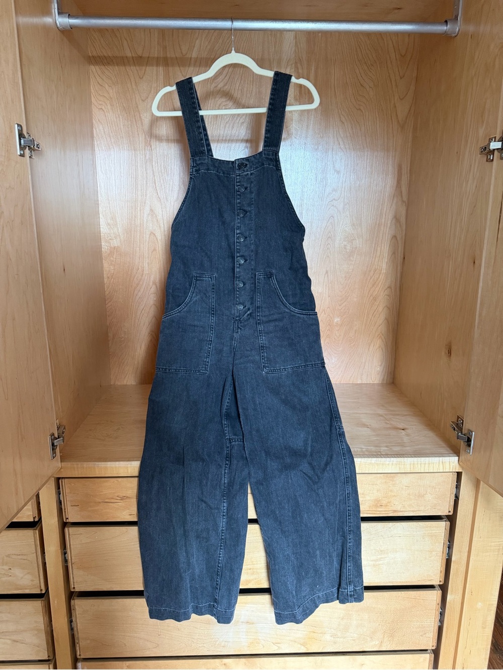 Free People Black Denim Wide-Leg Overalls